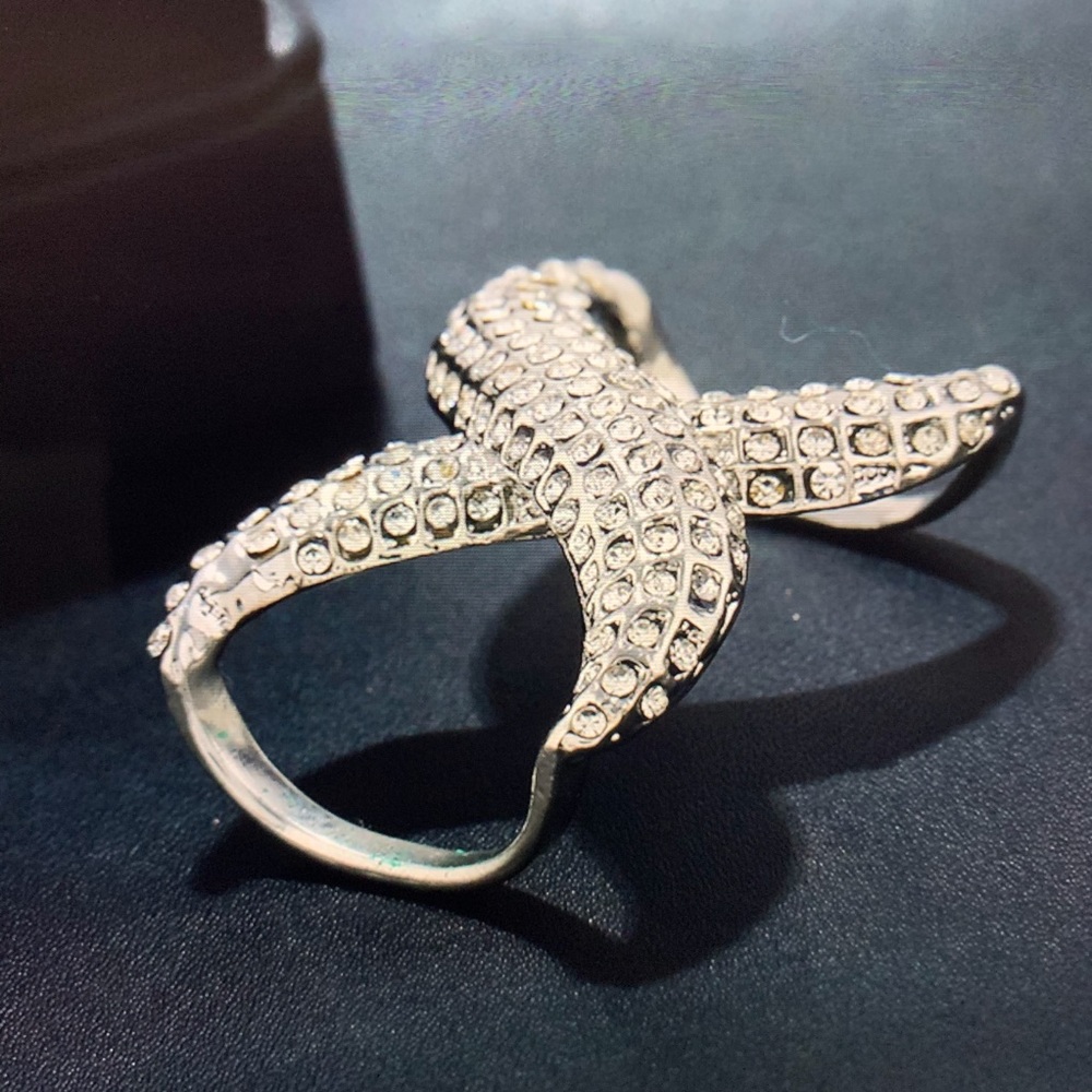 RHINESTONE  SCARF DOUBLE RING SILVER - Picture 3 of 4